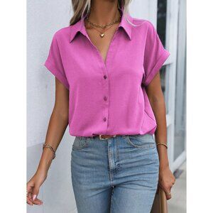 hot Pink Short Sleeve Button-Up Collared Top Minimalist Casual Chic
